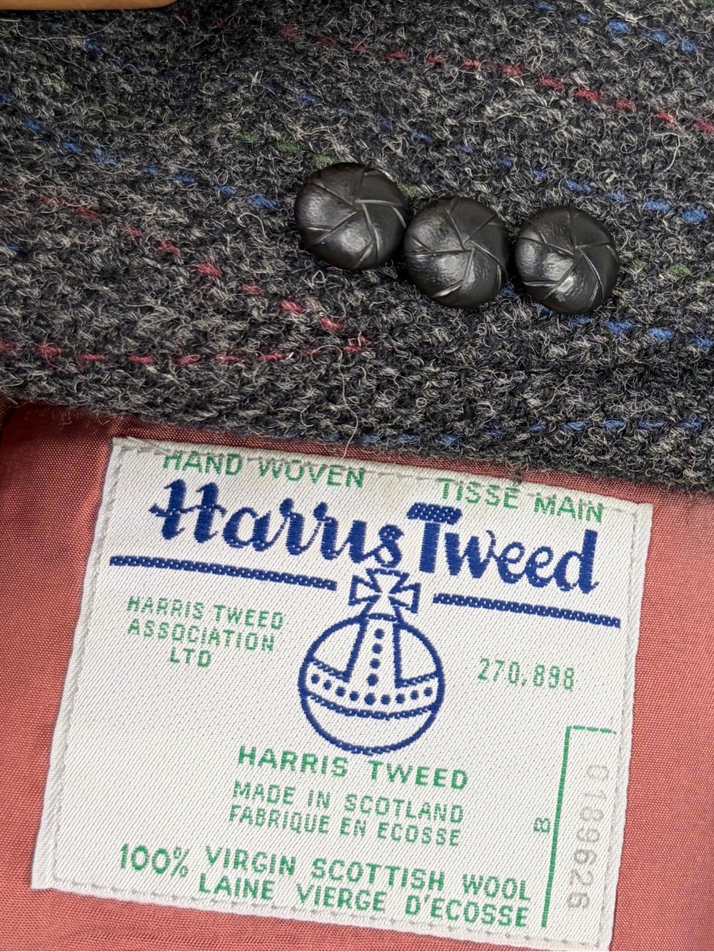 Vintage Harris Tweed Sport Coat Mens 40R Grey Wool Blue Red Stripe Made in Canad